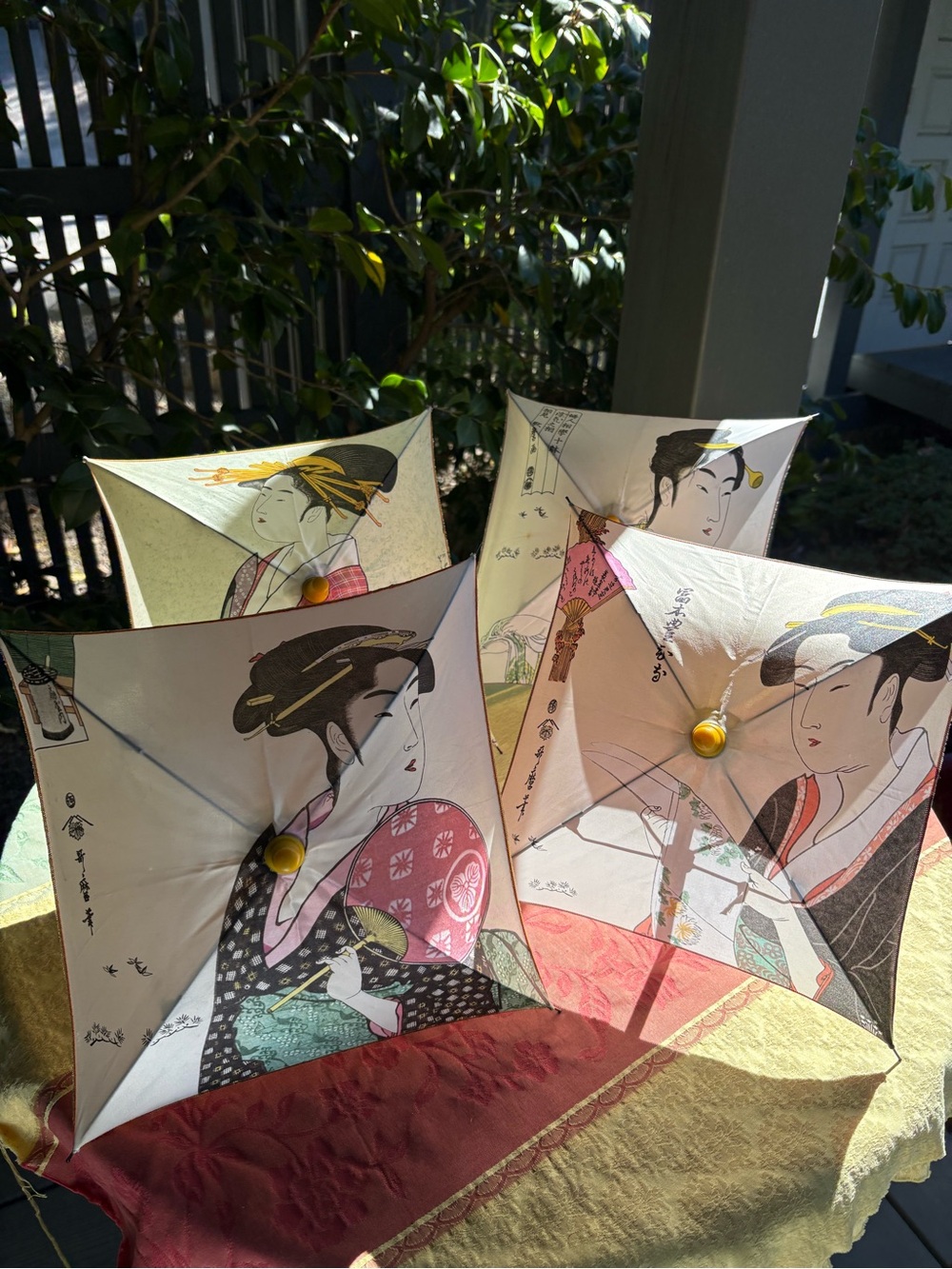 Japanese handpainted silk set of 4 folding sun parosol umbrellas